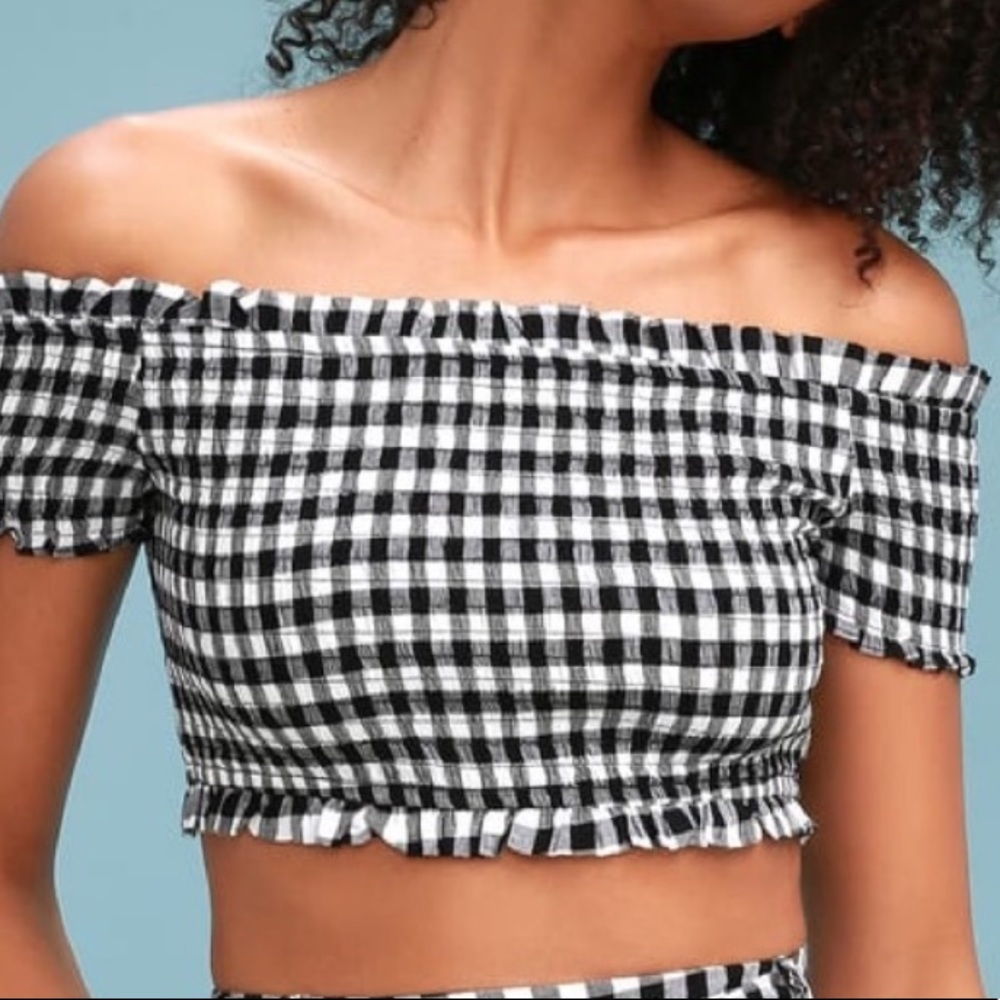 PLAID RUCHED CROP BARDOT TOP